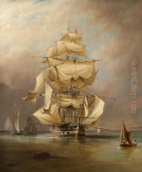 H.m.s. Asia Taking In Her Sails Oil Painting by Richard Bridges Beechey