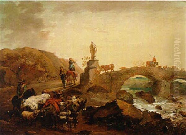 A River Landscape With Herdsmen Crossing A Bridge Oil Painting by Peter La Cave