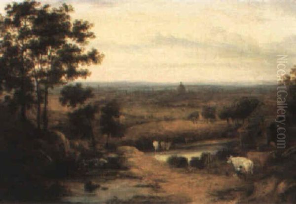 Landscape With A Distant View Of London From Hampstead Oil Painting by Peter La Cave