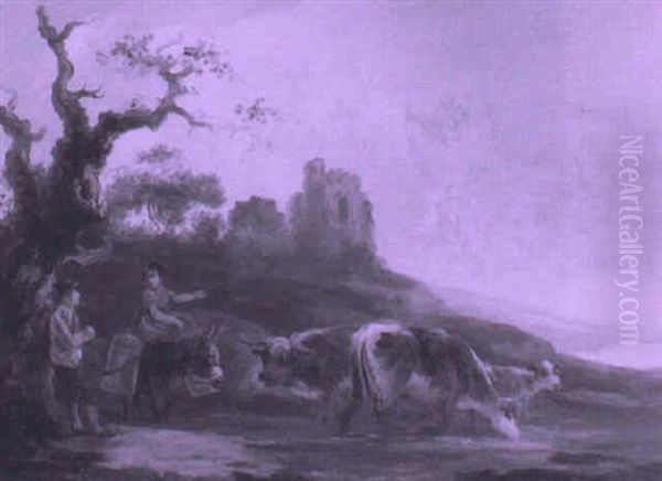 Landscape With A Milkmaid With Cattle Watering Oil Painting by Peter La Cave