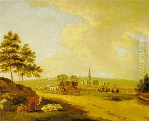 Landscapes With A Mailcoach, One Showing A Distant View Of Salisbury Oil Painting by Peter La Cave