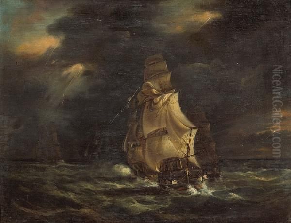 Losing A Sail; Keeling Over (a Pair) Oil Painting by Richard Bridges Beechey