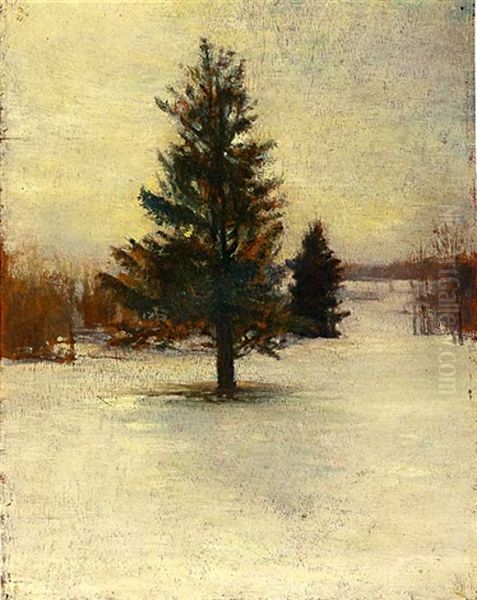 Snow. Sketch: Hillside With Cedars. Evening. Oil Painting by John La Farge