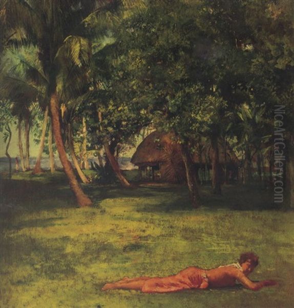 In Front Of Our House, Vaiala - Girl On Grass Oil Painting by John La Farge