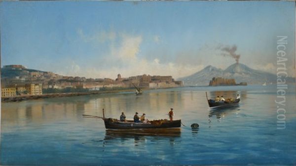 Neapel, Blick Vom Wasser Richtung Vesuv Mit Dem Castel Dell Ovo, Linkerhand Das Castell Sant'elmo Oil Painting by Gioacchino La Pira