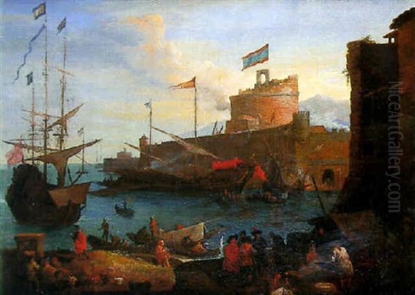 Scene De Port Mediterraneen Oil Painting by Jean-Baptiste de LaRose