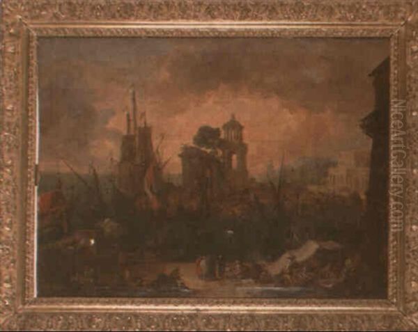 Vue De Port Imaginaire Avec L'arc De Triomphe Et Le Mausolee De Saint Remy Oil Painting by Jean-Baptiste de LaRose