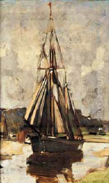 Fishing Boat At Anchor In An Estuary Oil Painting by Henry Herbert La Thangue