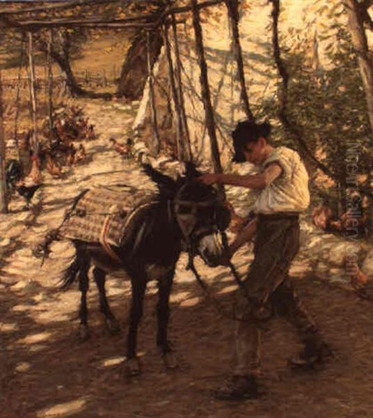 Harnessing Donkey Oil Painting by Henry Herbert La Thangue