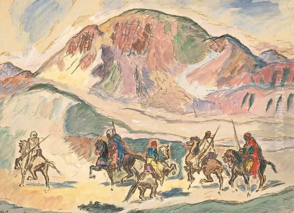 Reitergruppe Vor Gebirge (algerien) Oil Painting by Rene Beeh