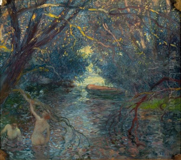 Pond, Bathers, Canoe Oil Painting by Gaston La Touche