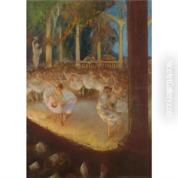 Ballerinas In The Theatre - Le Ballet Oil Painting by Gaston La Touche