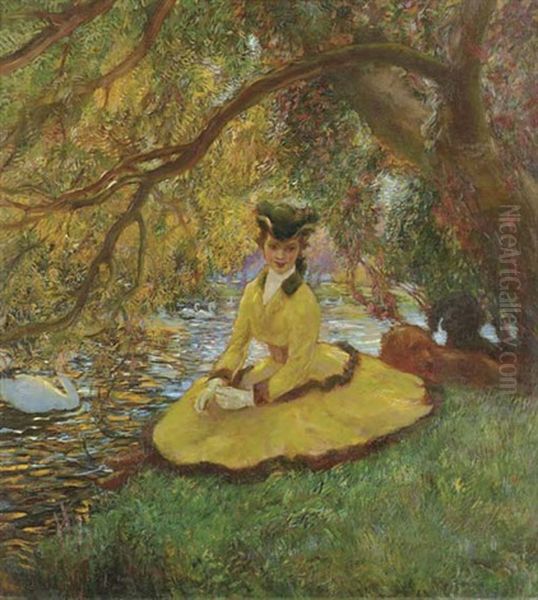 Amazone Assise Au Bord D'un Etang Oil Painting by Gaston La Touche