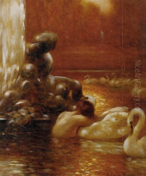 Leda And The Swan At Versailles Oil Painting by Gaston La Touche