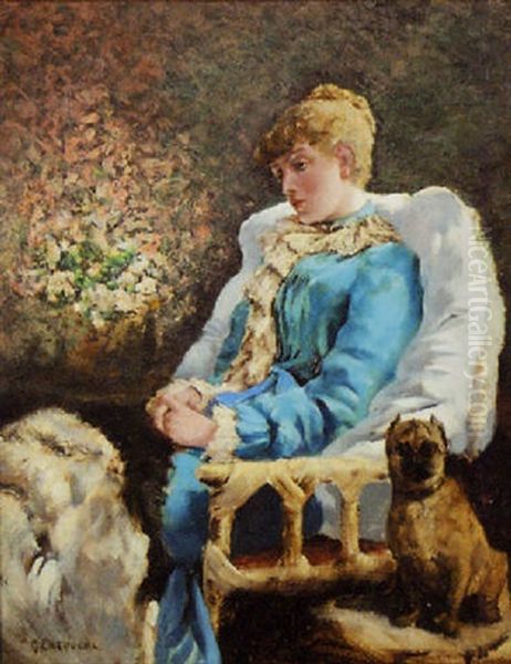 A Quiet Moment - A Lady In Blue And Pug Oil Painting by Gaston La Touche