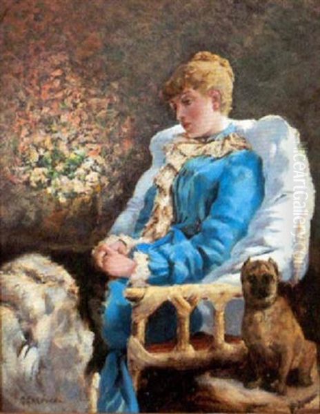 A Quiet Moment - A Lady In Blue And Pug Oil Painting by Gaston La Touche