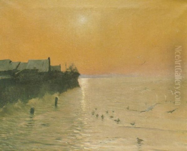 Coucher De Soleil Sur La Mer A Saint-paer Pres De Granville Oil Painting by Gaston La Touche