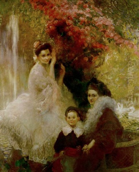 Portait Of Mme. Latouche With Her Children, Solange And Pascal Oil Painting by Gaston La Touche