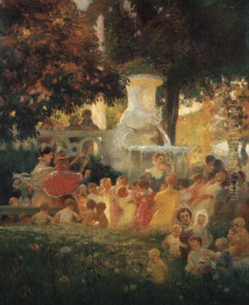 La Ronde Des Enfants Pres De La Fontaine Oil Painting by Gaston La Touche