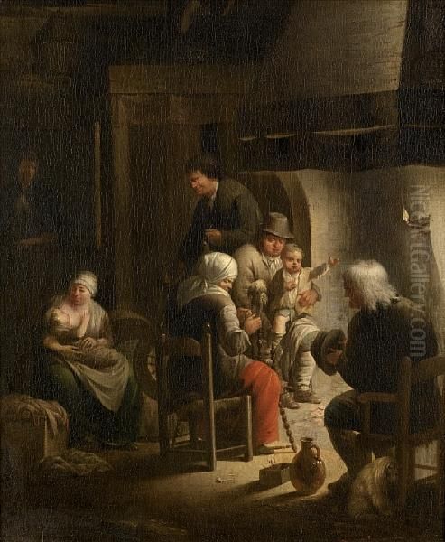 A Kitchen Interior With A Peasant Family Around A Fireplace Oil Painting by Herman Wouter Beekkerk