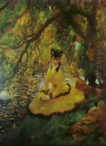 A Lady Resting Under A Tree Oil Painting by Gaston La Touche