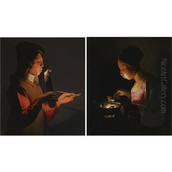 A Young Boy With A Pipe, Blowing On A Firebrand (+ A Young Girl Blowing On A Brazier, Various Sizes; Pair) Oil Painting by Georges de La Tour