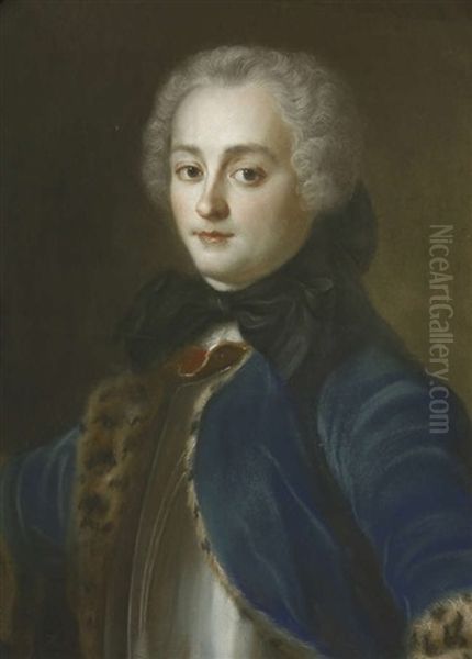 Portrait Of Monsieur Cailloux, Half Length, In A Blue Fur-trimmed Coat Oil Painting by Maurice Quentin de La Tour