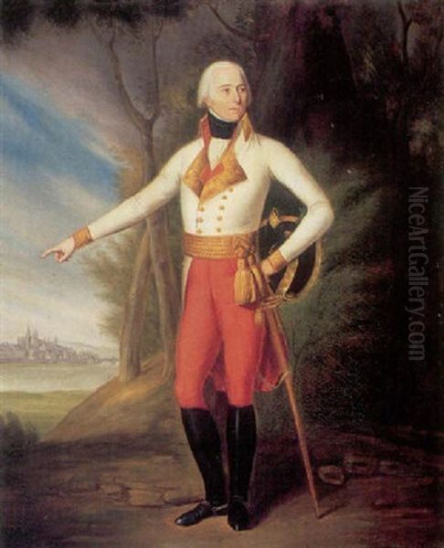 A Portrait Of The Comte De Baillet, In Military Uniform With A Landscape Beyond Oil Painting by Maurice Quentin de La Tour