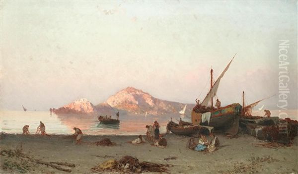 Neapolitan Fishermen On The Shore Oil Painting by Alessandro la Volpe