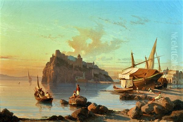 Veduta Del Castello Aragonese A Ischia Oil Painting by Alessandro la Volpe