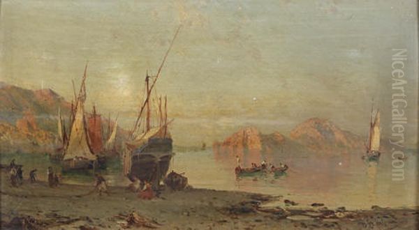 Fishing Boats On The Italian Coast Oil Painting by Alessandro la Volpe