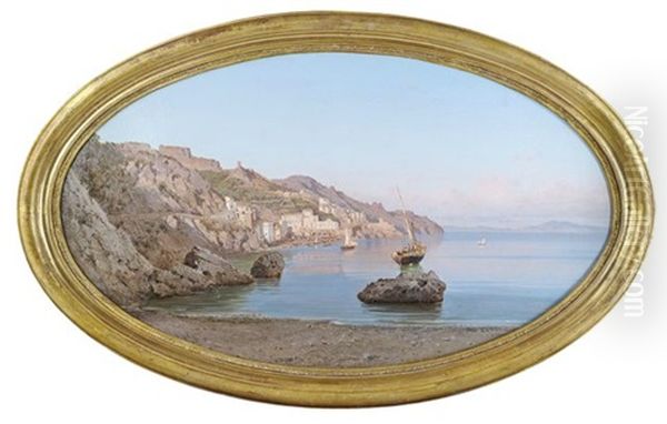 Amalfitanische Kustenlandschaft Mit Einem Fischerboot (+ Blick Auf Amalfi Im Fruhen Abendlicht, Oil On Canvas; Pair) Oil Painting by Alessandro la Volpe