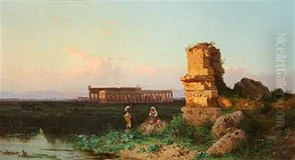 Et Hyrdepar Ved Ruinerne I Paestum Oil Painting by Alessandro la Volpe