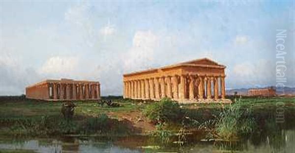 De Antikke Templer I Paestum I Italien Oil Painting by Alessandro la Volpe