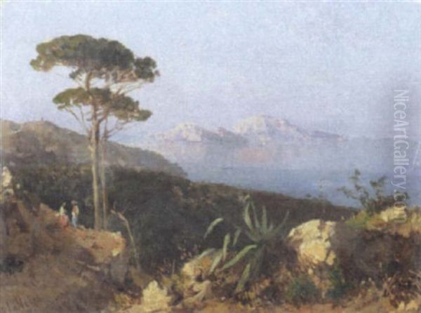 Veduta Di Capri Dalla Costiera Sorrentina, 1875 Oil Painting by Alessandro la Volpe