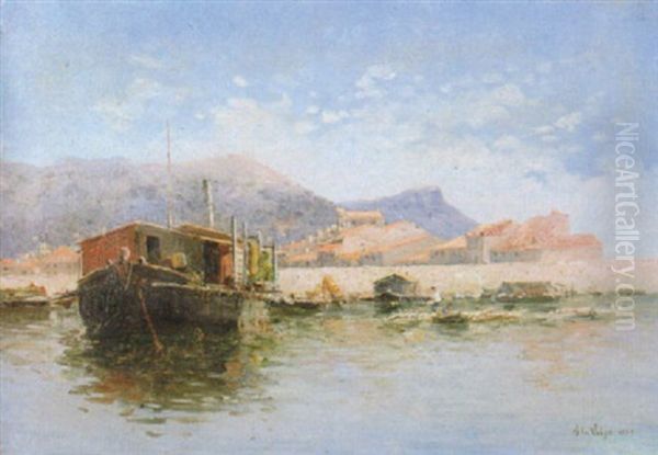 Barche A Riva Con Paese Sullo Sfondo Oil Painting by Alessandro la Volpe