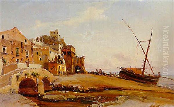 A Neapolitan Fishing Village Oil Painting by Alessandro la Volpe