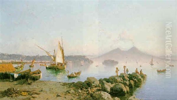 View Of The Bay Of Naples With Figures On A Rocky Outcrop Oil Painting by Alessandro la Volpe