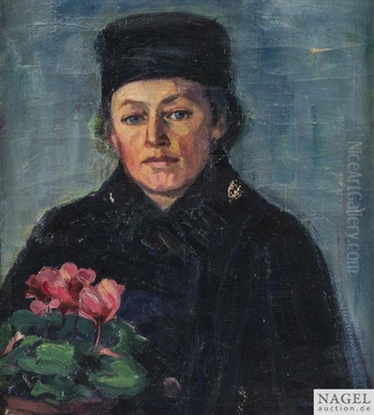 Dame (lotte?) In Schwarz Mit Alpenveilchen Oil Painting by Wilhelm Laage