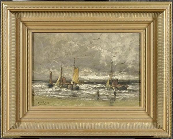 Fischer Am Strand Mit Segelbooten Im Meer Oil Painting by Gerard Van Der Laan