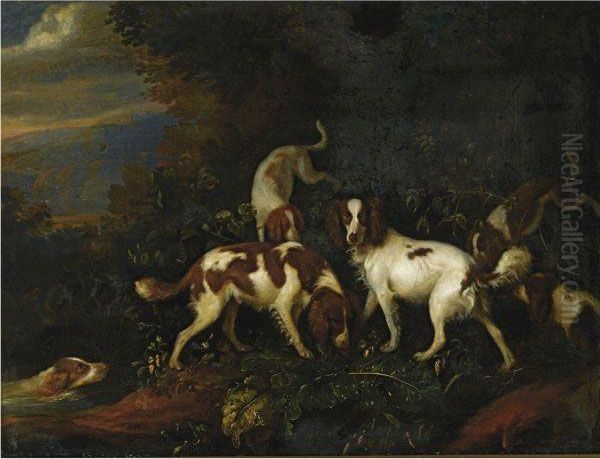 Spaniels In A Wooded Landscape Oil Painting by Adriaen Cornelisz. Beeldemaker