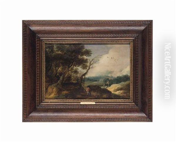 A Wooded Landscape With Travellers And Shepherds Oil Painting by Jasper van der Laanen