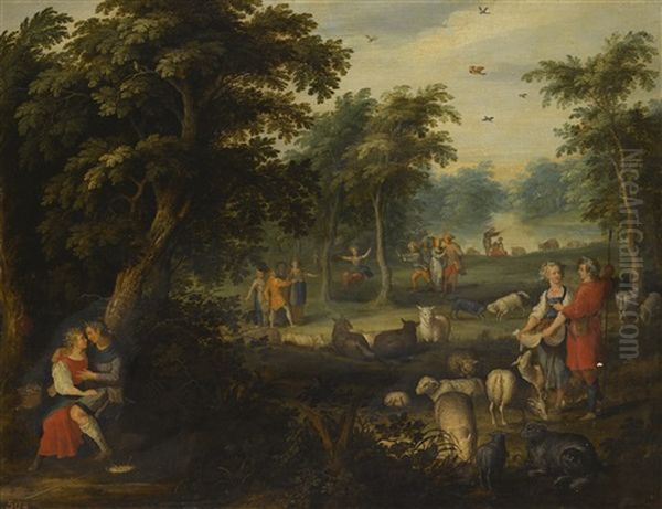 An Arcadian Landscape With Courting Shepherds And Their Flock Oil Painting by Jasper van der Laanen