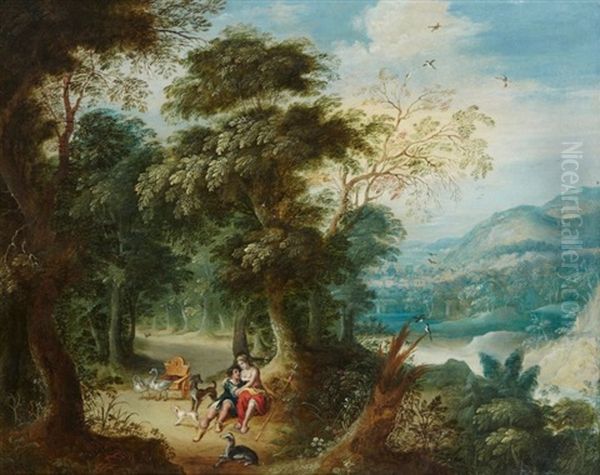 Paysage De Foret Avec Un Couple De Bergers Oil Painting by Jasper van der Laanen