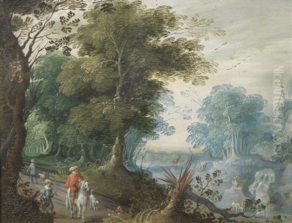 A Wooded Landscape With A Stag Hunt by Jasper van der Laanen