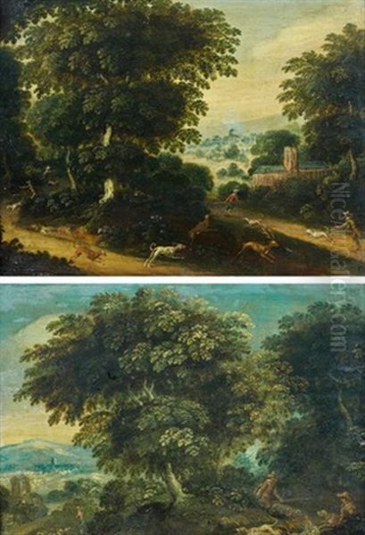 Scene De Chasse A Courre Au Lievre Et Scene De Chasse A Courre Au Cerf (pair) Oil Painting by Jasper van der Laanen