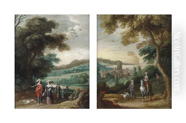 A Wooded Landscape With Elegant Figures Strolling (+ A Landscape With Travellers On A Sandy Path, A Town Beyond; Pair) Oil Painting by Jasper van der Laanen