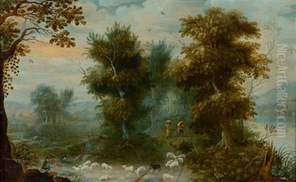 Sous-bois Longeant Une Riviere Avec Un Patre Et Ses Moutons Oil Painting by Jasper van der Laanen