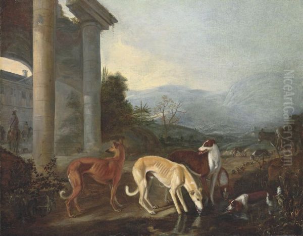 A Mountainous Landscape With Hounds Watering By A Classicalbuilding Oil Painting by Adriaen Cornelisz. Beeldemaker