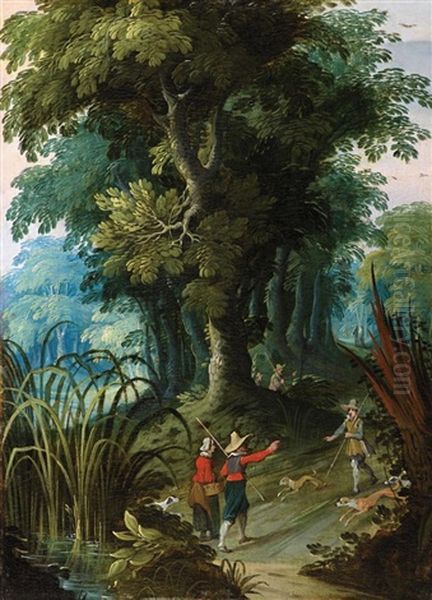 Paysage De Sous-bois Borde D'une Riviere Animee De Personnages Et Leur Meute De Chiens Oil Painting by Jasper van der Laanen